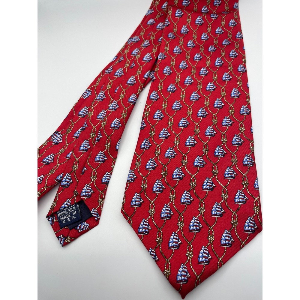 State Street Mens Silk Tie Red Nautical Sailing Ship Rope Pattern Made in USA